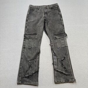Y2K Design Cargo Jeans Men's 33 Gray Acid Wash Denim Star Patchwork Distressed